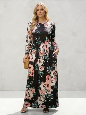 Floral Long Sleeve Maxi Dress in Black and Pink XL NWOT